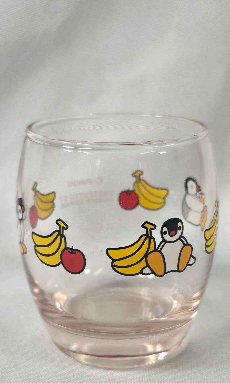 Vintage Pingu the Penguin Mister Donut Glass Tumbler Pink Tint Japan Retro 90s